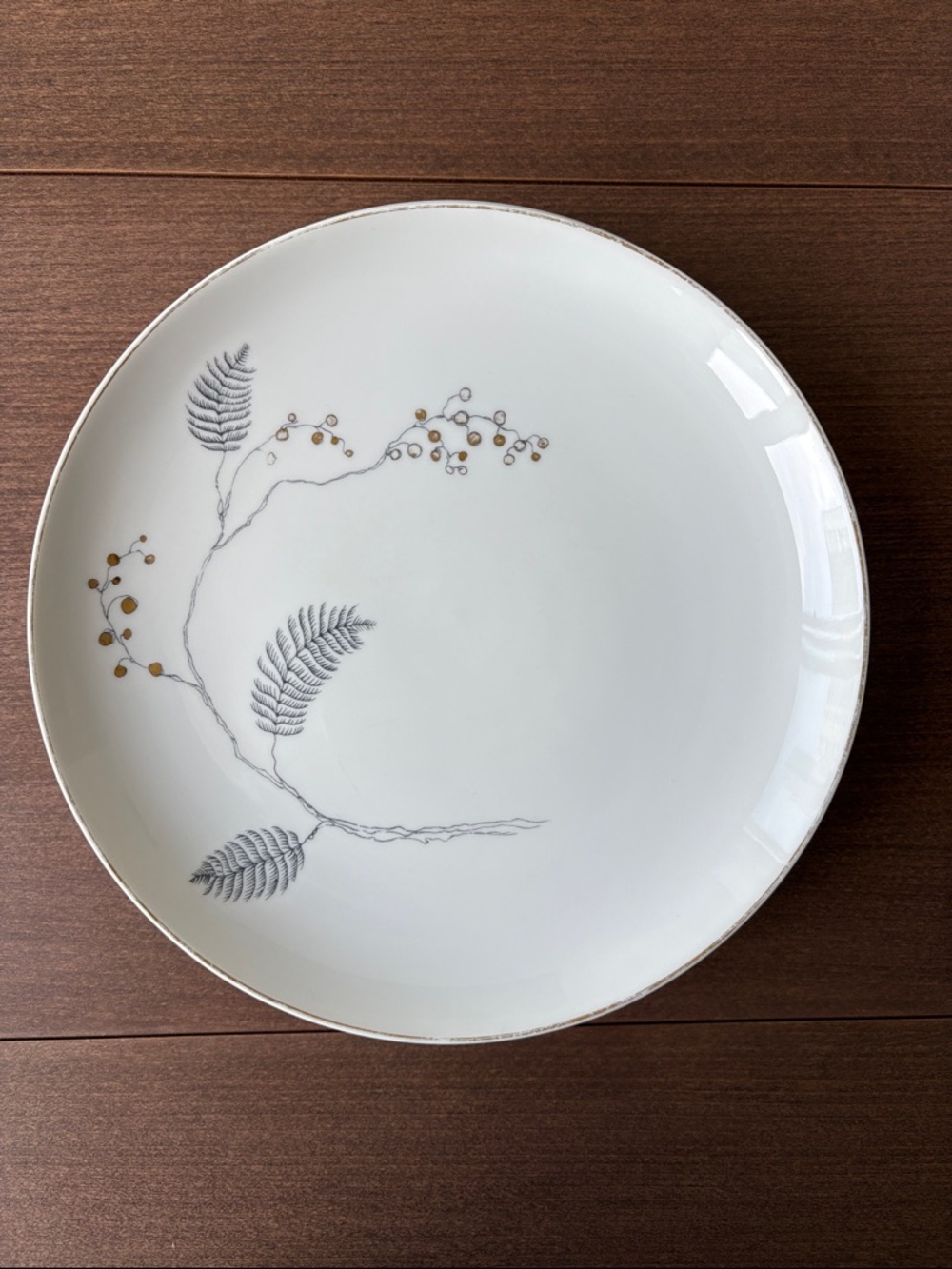 3 Vintage VA Portugal White Ceramic Dinner Plate with Gray Fern and Gold Accent
